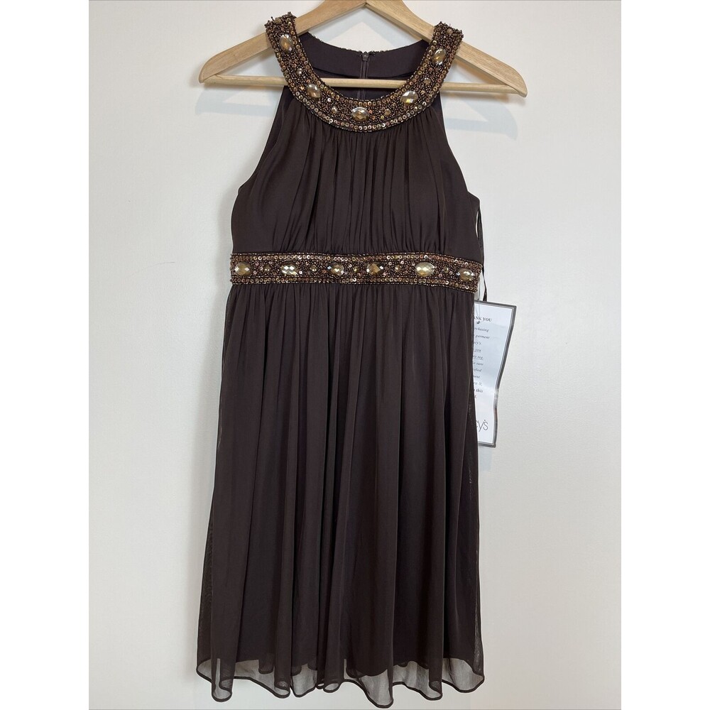 NWT $179 Xscape Brown Embellished Flowy Halter Dress Lined Size 6p